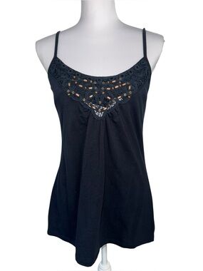 Sonoma Life + Style Women’s L Black Beaded Crochet Lace Cami Tank Top Y2K Boho